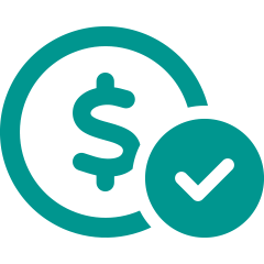 Icon of a dollar sign and a check mark in the color teal.